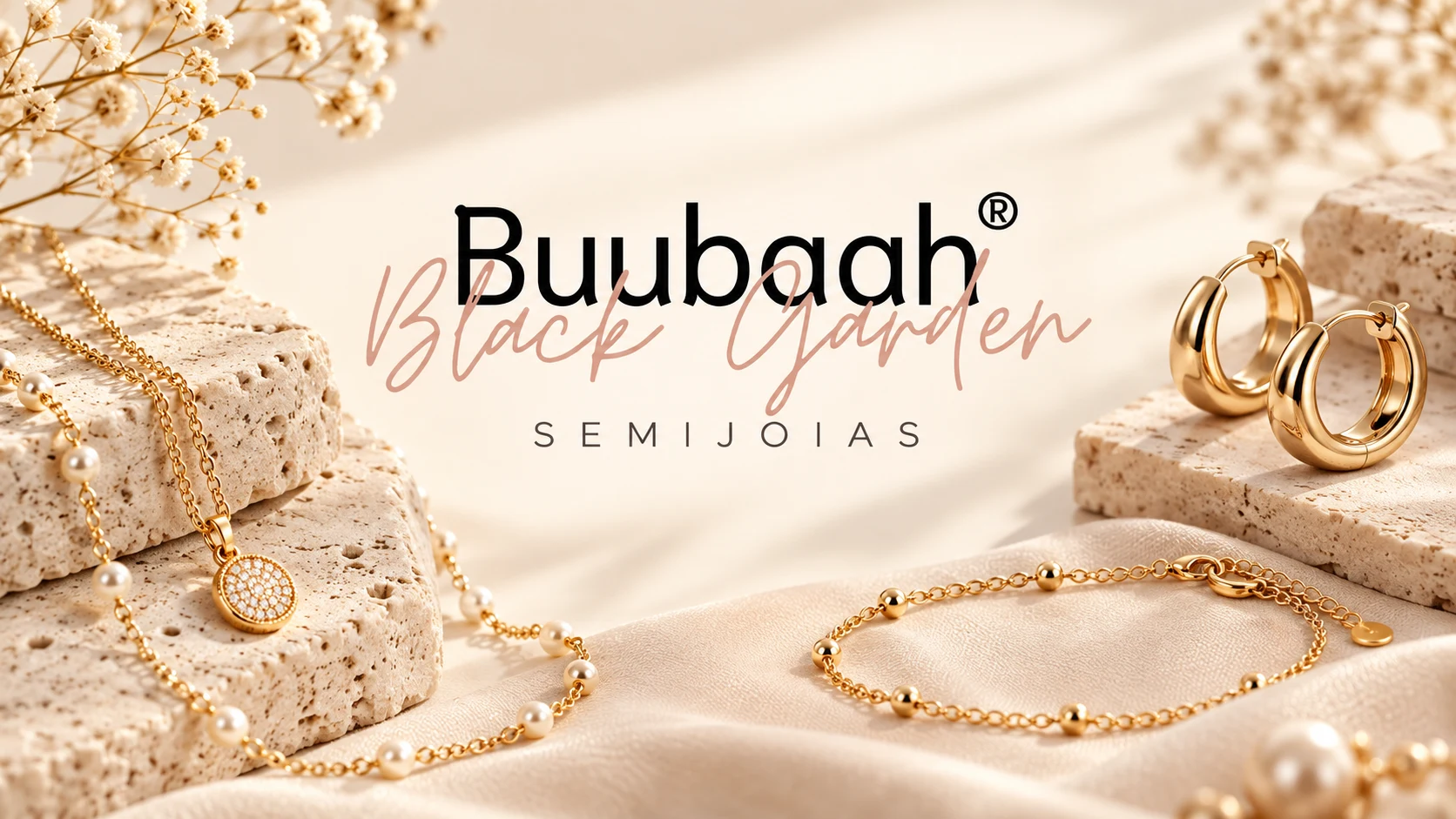 Capa Buubaah Black Garden Semijoias com logo, colares, pulseira e brincos dourados